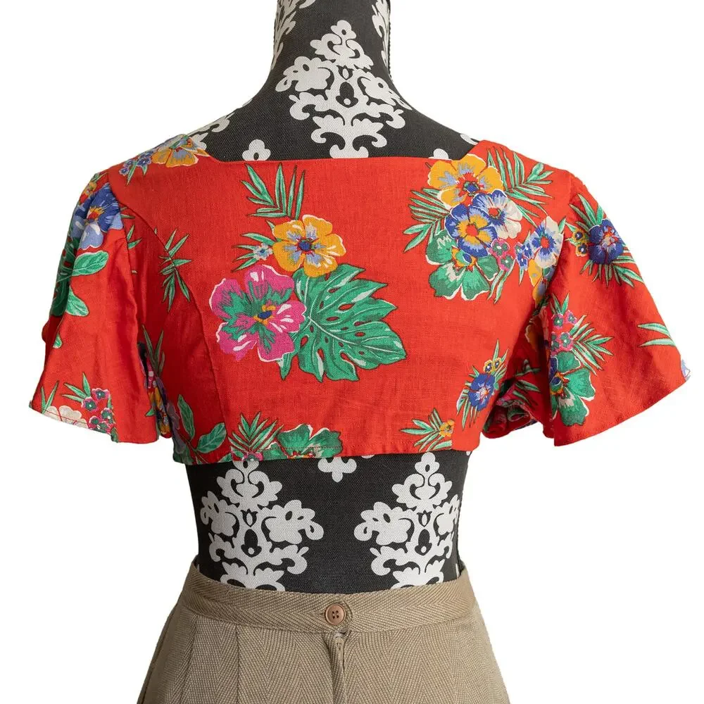 Francescas Miami Red Linen Floral Button-Up Cropped Tropical Hibiscus Resortwear - Picture 2 of 11